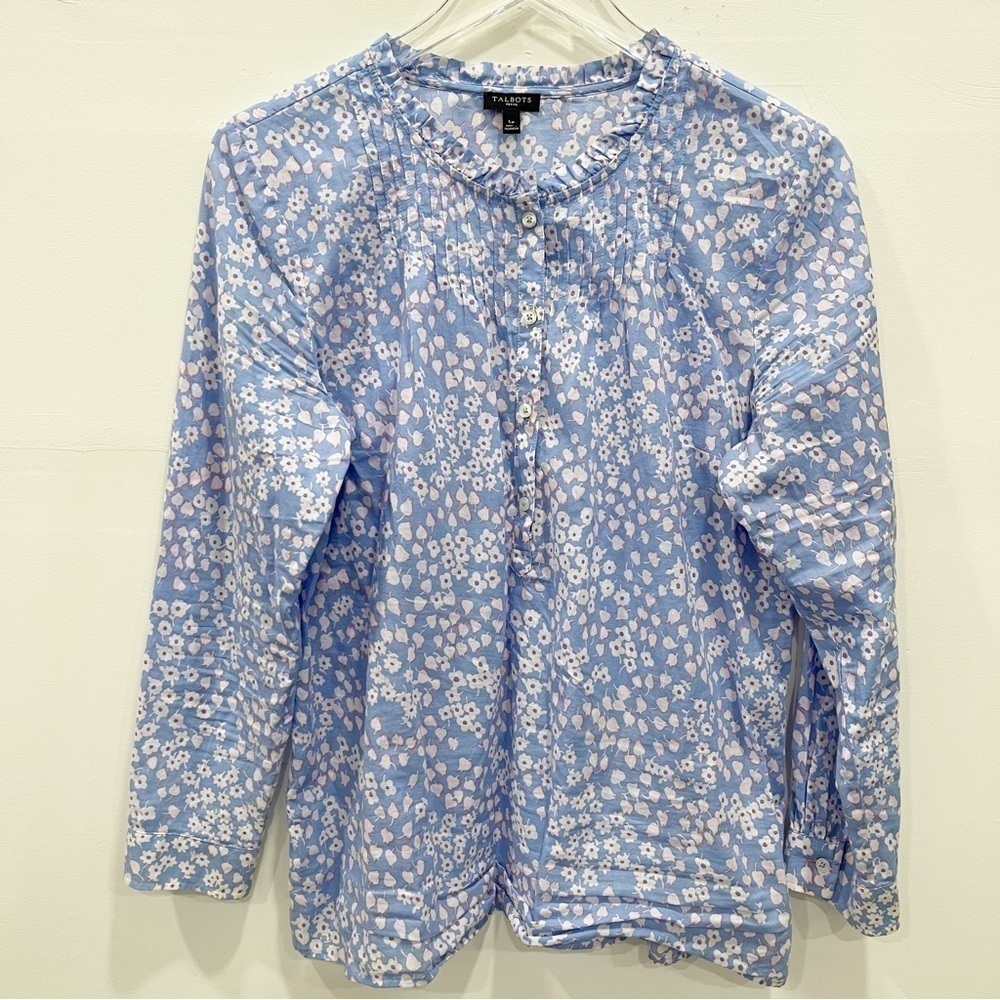 Talbots Pintuck Ruffle Hem Lightweight Floral Leaf Print Top Periwinkle Blue